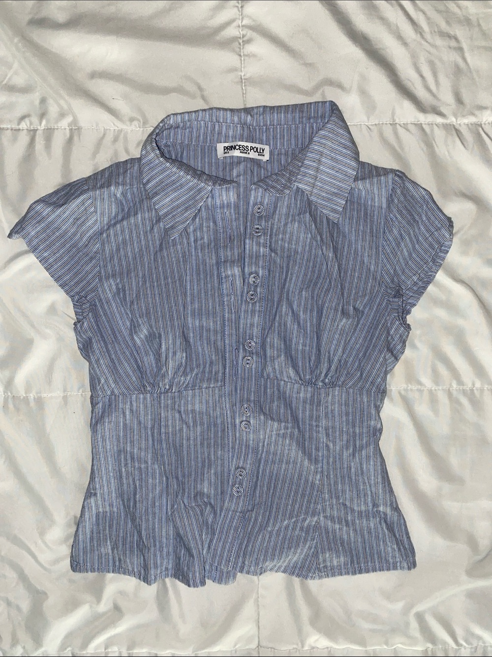 Princess Polly Light Blue Striped Button-Front Cap Sleeve Shirt